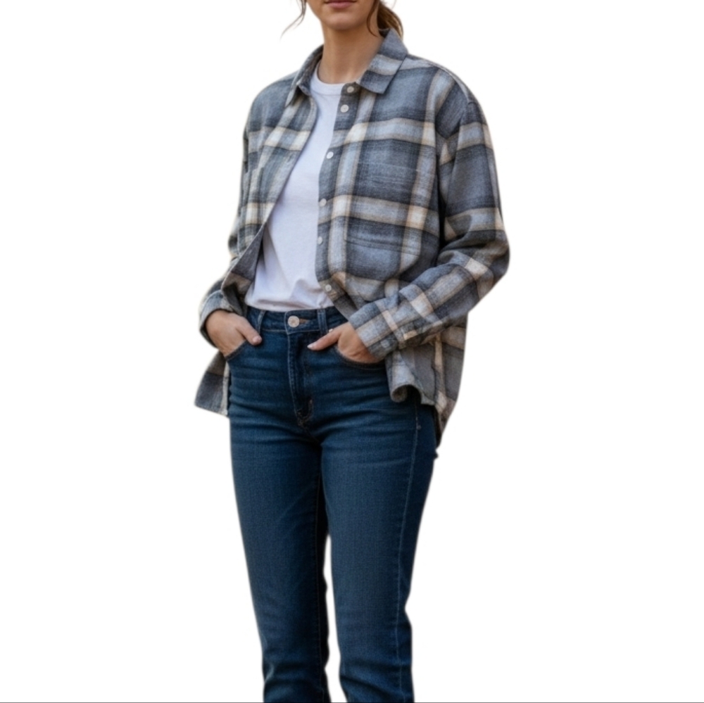 Old Navy Gray/White Plaid Flannel Shirt Size M Boyfriend Casual